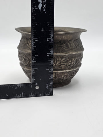 Antique 19th C Hand Chased Silver Tone Metal Bowl Floral Repousse Asian Cachepot