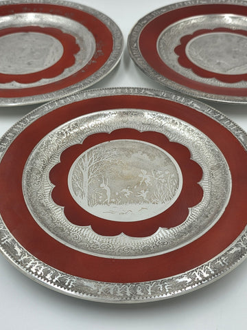Set of 3 Antique Czech Silver Inlaid Red Enamel Fairy Plates c.1910 Art Nouveau
