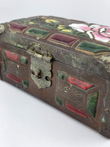 RARE ANTIQUE JAPANESE COPPER  BRASS-BOUND JEWELRY BOX W RAISED ENAMEL DECO MEIJI