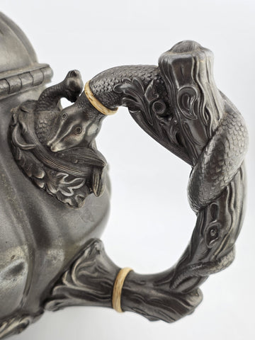 Rare Shaw & Fischer Sheffield Pewter Teapot Hinged Lid Snake Holding Fish Handle