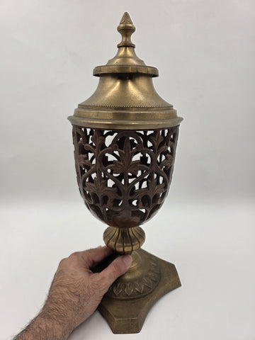 Rare Antique Solid Brass/Cast Iron Two-Tone Lidded Filigree Cut Decorative Urn