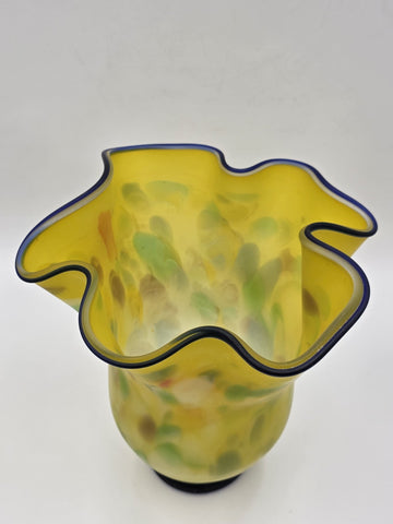 Vtg Azerbaijan Handblown Art Glass Vase Yellow Freeform Cobalt Rim Studio 11.5in