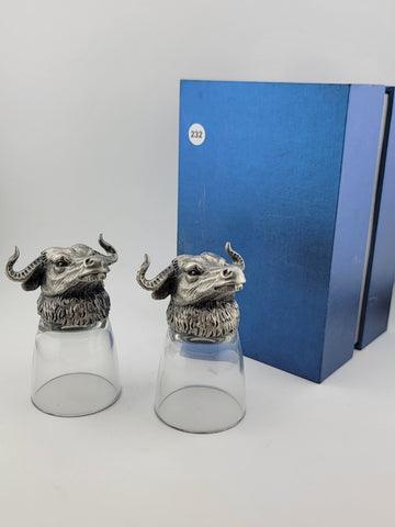 Vintage pair of water buffalo Metal And crystal 3&1/2 inch cups in fitted box.