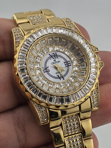 Croton Gold Tone Crystal Baguette Bezel Watch Mother of Pearl Dial Quartz. Works