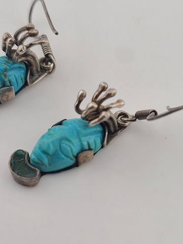 OOAK Vintage Mexican Sterling Silver Aztec-Style Turquoise Face Drop Earrings