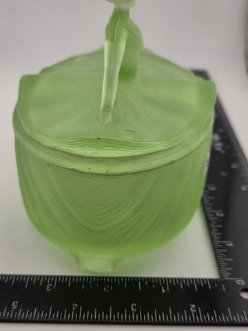 Antique Victorian Lady Uranium Vaseline Glass Trinket Powder Jar Box With Lid