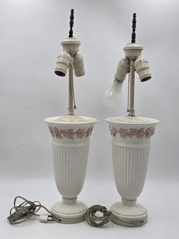 Pair Wedgwood Queensware Jasperware Cream Pink Grapevine Relief Table Lamps 24"