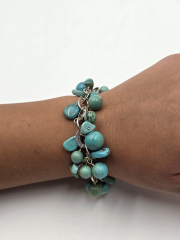 Vtg Sterling Silver 925 Turquoise Cluster Charm Bracelet Artisan Southwest 8"