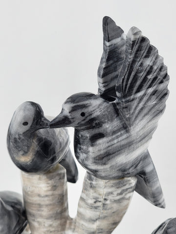 Gorgeous Vintage Marble Granite Dove Figurine, Set Of 5 Birds Statues On Branch.