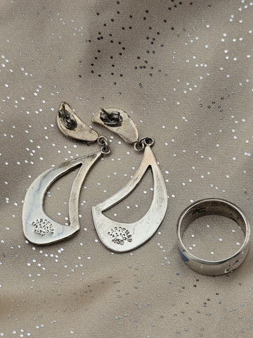 Cardenas Taxco Mexico 925 Sterling Silver Blue Opal Inlay Ring & Earrings Set