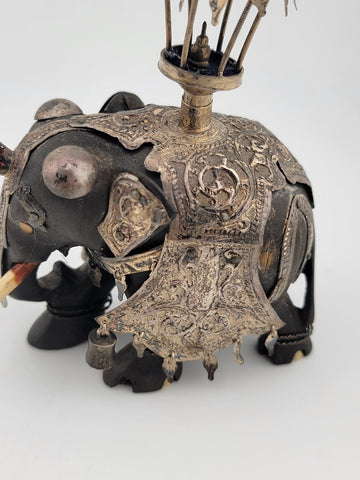 Rare Antique Indian Ebony Silver Overlay Jeweled Elephant W Real Ruby Stone.