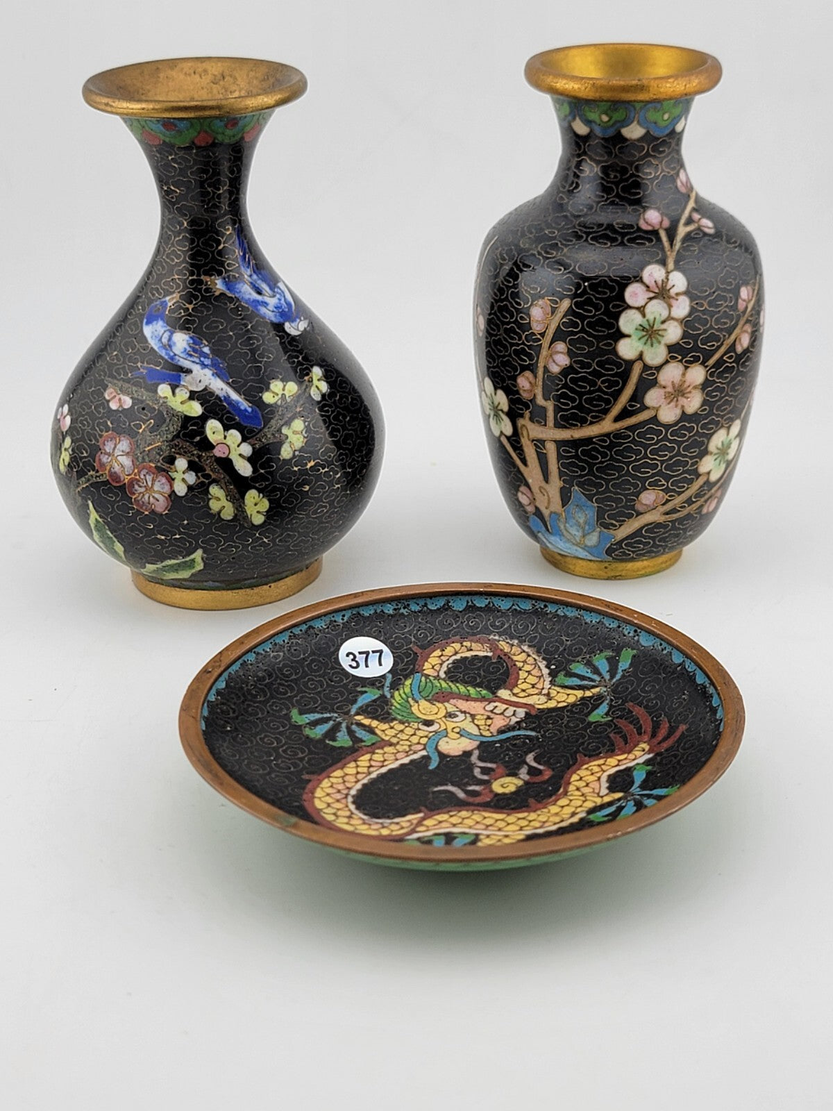 Gorgeous Assortment Of Mid Century  Cloisonne Including 2 VASES & 1 Plate.