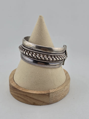 Heavy Native American Triple Beaded Silver 0.999  Cuff Bracelet 92g Navajo Style