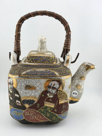 Vintage Satsuma Japanese Samurai Hand painted Teapot Wicker Handle W Lid.