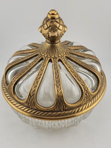 Antique Hand Blown Bubble Glass & Brass Lidded Bowl Container. Read Description.