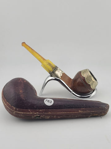 Antique 1940's Magyar Occa Pipe Silver Band Meerschaum Lined w/ Case Broken Stem
