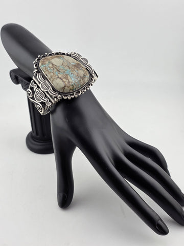 Huge Vintage Oscar Alexius Turquoise Sterling Silver Cuff Bracelet Navajo Signed