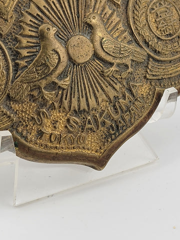 Antique Imperial Japanese S. Sakuma Tokyo Brass Wall Plaque W Doves & Sunburst