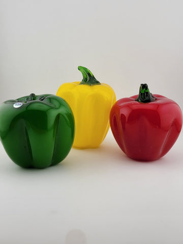 3 Vintage Glass Vegetable Peppers with Stem Murano Style Red Yellow Green