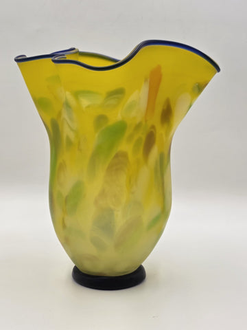 Vtg Azerbaijan Handblown Art Glass Vase Yellow Freeform Cobalt Rim Studio 11.5in