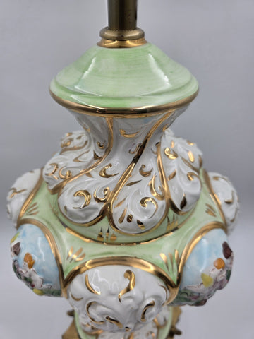 Vintage Italian Capodimonte Hand-Painted Porcelain Table Lamp W Metal Base.