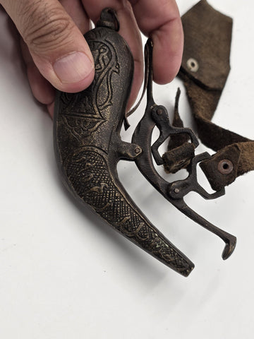 Rare Antique 19th C Ottoman Islamic Bronze Engraved Black Powder Gun Flask.