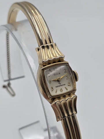 1940's Vintage Elgin Shockmaster 10K GF Ladies Bangle Watch Art Deco Style Works