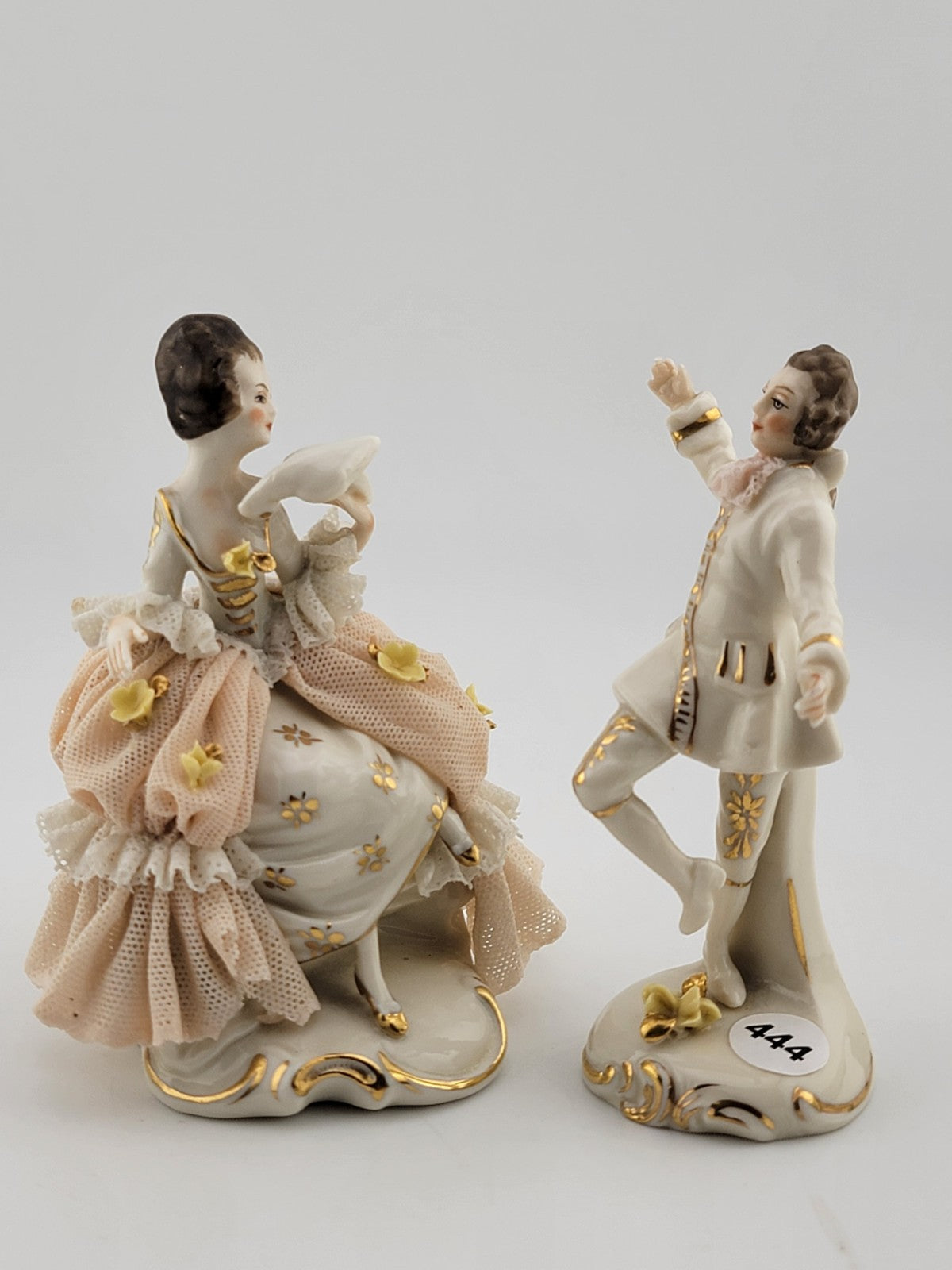 Set Of 2 Antique 19th C Victorian Dersden Germany Laced Figurine Man & Lady.