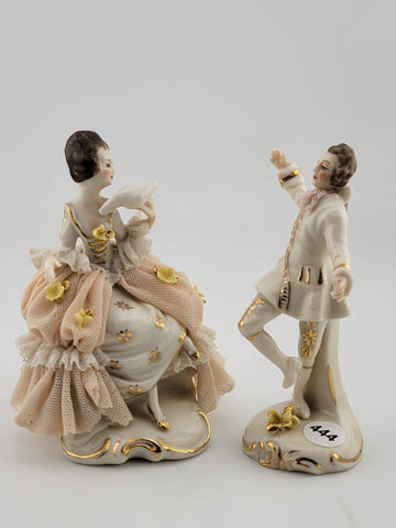 Set Of 2 Antique 19th C Victorian Dersden Germany Laced Figurine Man & Lady.