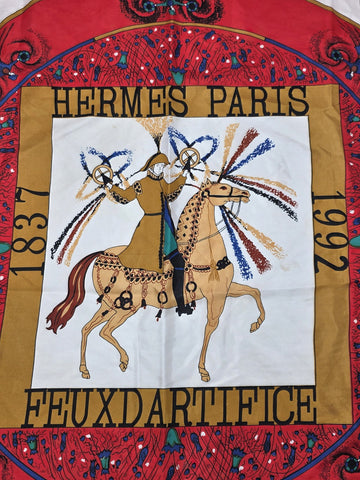 VINTAGE HERMES FEUX D’ARTIFICE FIREWORKS RED SILK SCARF WRAP 1937-1990 34X34