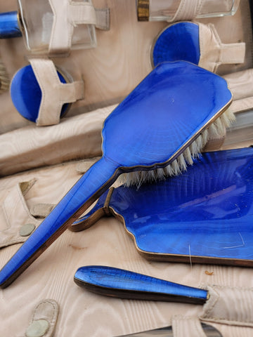 Antique Hard Cased Blue Enameled 1930s Vanity Set. Extremely Rare. VG Condition