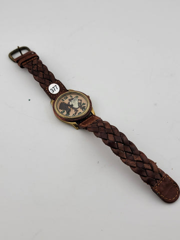 Rare Collectible Taz Wooden Dial Bezel Braided Leather Fossil Watch. Serviced.