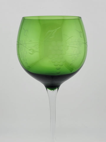 Vintage Emerald Green Etched Grape Design Goblet. 8.5 Inch.