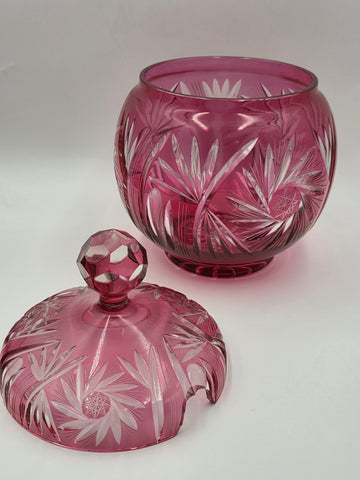 Rare 1940's Vtg Bohemian Cranberry Cut to Clear Crystal Punch Bowl Set w/13 Cups