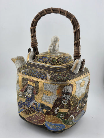 Vintage Satsuma Japanese Samurai Hand painted Teapot Wicker Handle W Lid.