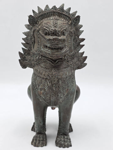 Rare Antique Thai Burmese Bronze Singha Temple Guardian Lion Statue 11" Tall.