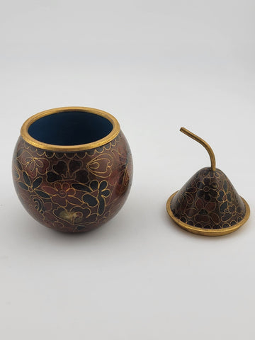 Vintage Cloisonné Enamel Brass Pear Shaped Trinket Box with Stem Floral Design