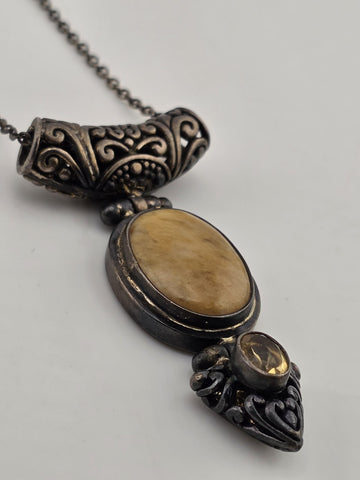 South America Artisan 925 Sterling Silver Jasper Citrine Hinged Pendant Necklace