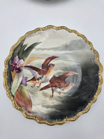 SET OF 2 ANTIQUE LIMOGES FRANCE LRL HAND PAINTED BIRDS CABINET PLATE SIGNED