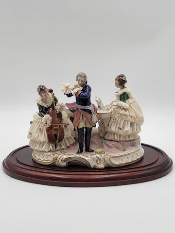 Antique 19th C Victorian Dersden Germany Laced Figurine Music Trio In Glass Dome