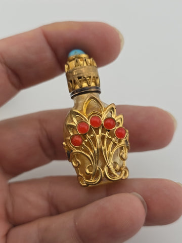 Pair Of Vintage Jeweled Miniature Perfume Bottles Filigree Glass Scent Bottles