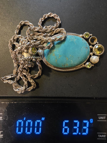 Vintage Large 925 Sterling Silver Turquoise Peridot Pearl Pendant Necklace. Read