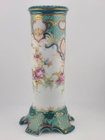 Antique 1920's OCO Japan Vase Turquoise Gold Floral Pedestal Spill Cabinet 9.5"