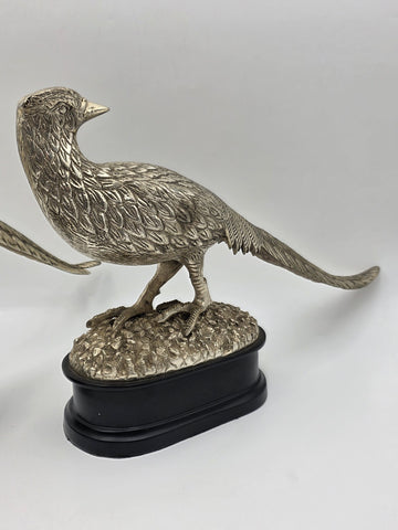 Vintage Pair XL Castilian Brass Pheasant Sculptures Cock Hen on Base 14 inch.