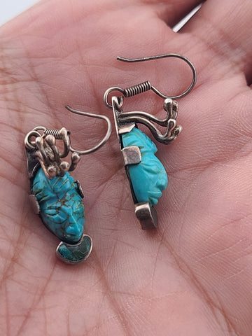 OOAK Vintage Mexican Sterling Silver Aztec-Style Turquoise Face Drop Earrings