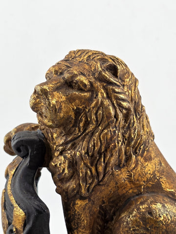 Pair Antique Carved Wood Heraldic Lions Bookends Fleur-de-Lis Shield Gold &Black