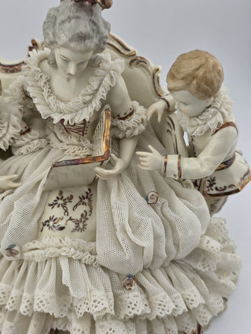 Large Dresden Art Germany Lace Porcelain Figurine Lady w Children W Sofa Reading