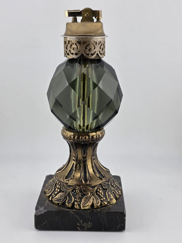 Rare Antique Bohemian Amber Cut Crystal & Brass On Marble Ornate Table Lighter.