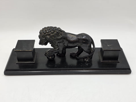 19th C Victorian Cast Iron Lion Double Inkwell Desk Set Antique Black Japanned.