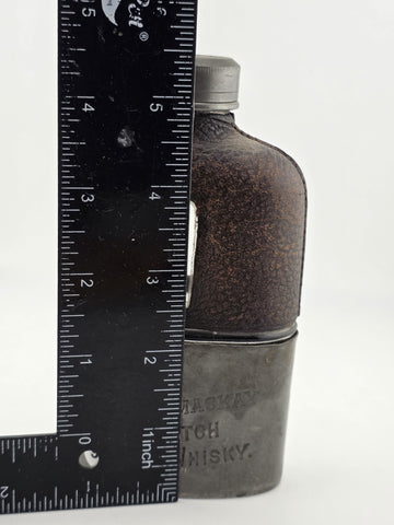 Rare Antique C1920 Whyte & Mackay Leather Wrapped Scotch Flask Pewter Sleeve Cup
